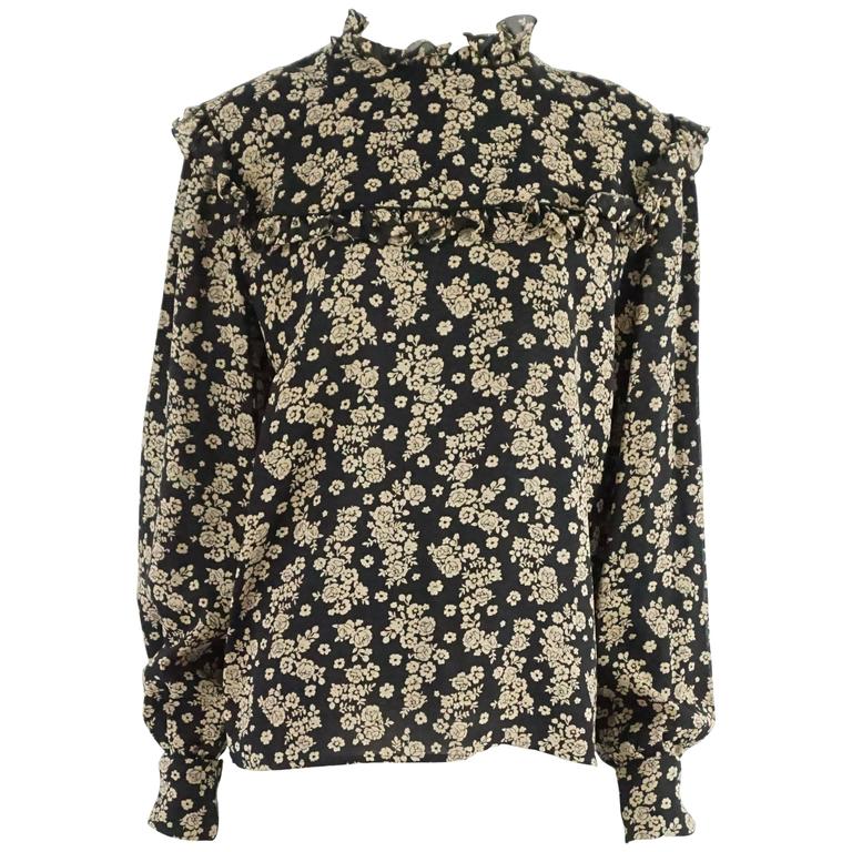 Valentino Black and Tan Floral Blouse with Cuff Links - L - 1980's For ...