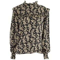 Valentino Black and Tan Floral Blouse with Cuff Links - L - 1980's 