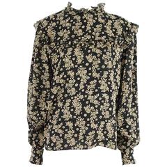 Valentino Black and Tan Floral Blouse with Cuff Links - L - 1980's 9