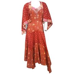 Vintage 1970s Orange Bohemian Dress w/ Kerchief Hem & Sleeves