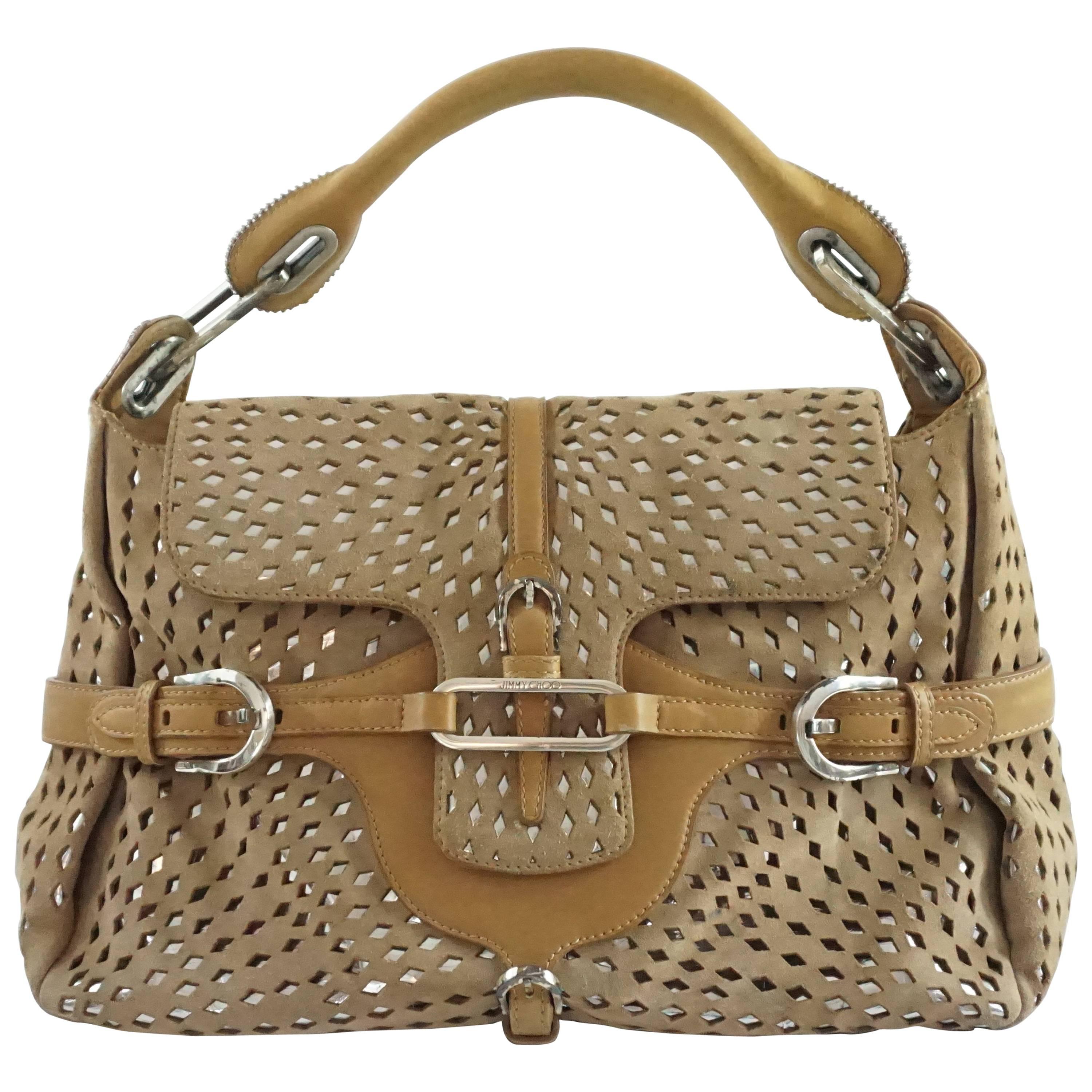 Jimmy Choo Tan and Silver Perforated Suede Shoulder Bag 