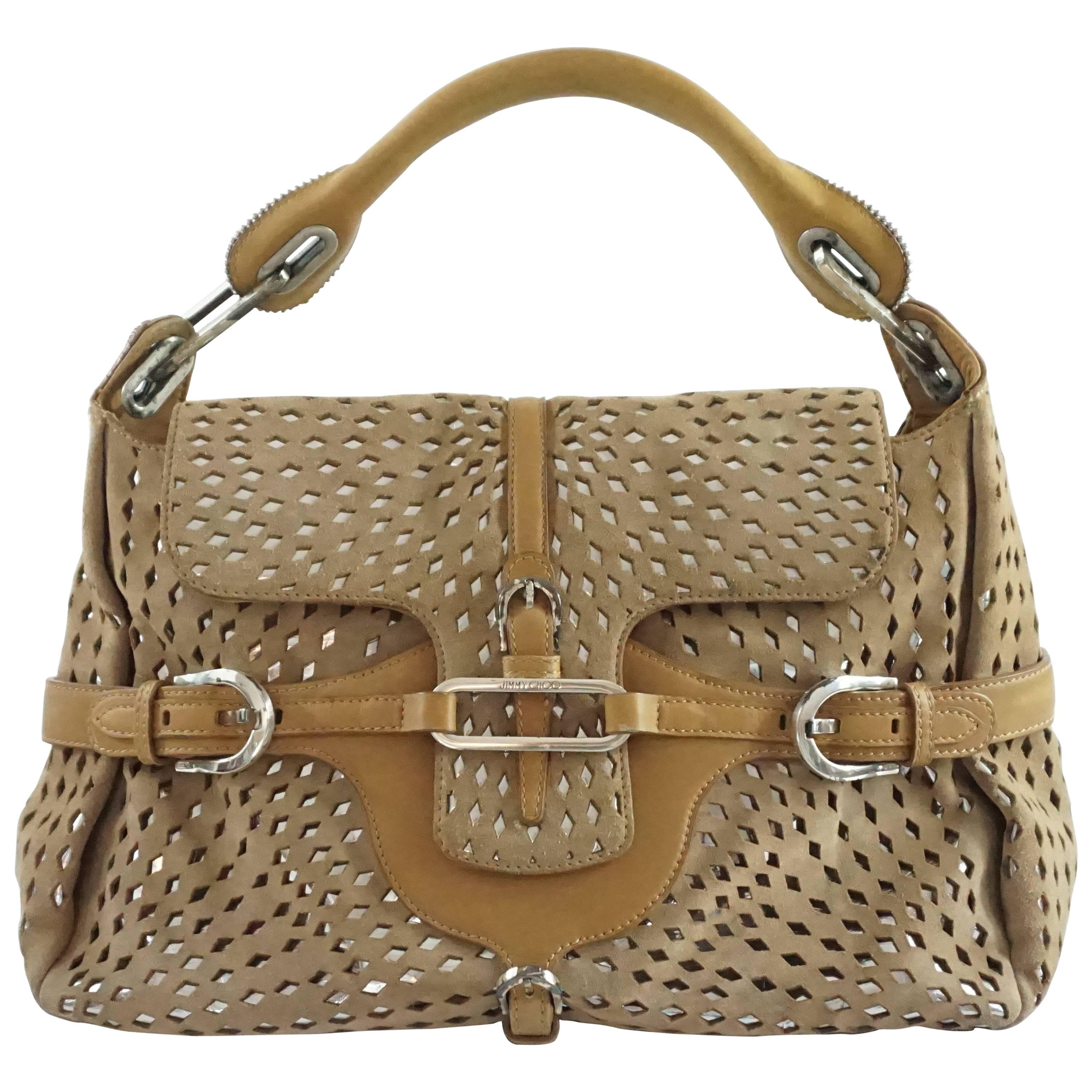 Jimmy Choo Tan and Silver Perforated Suede Shoulder Bag
