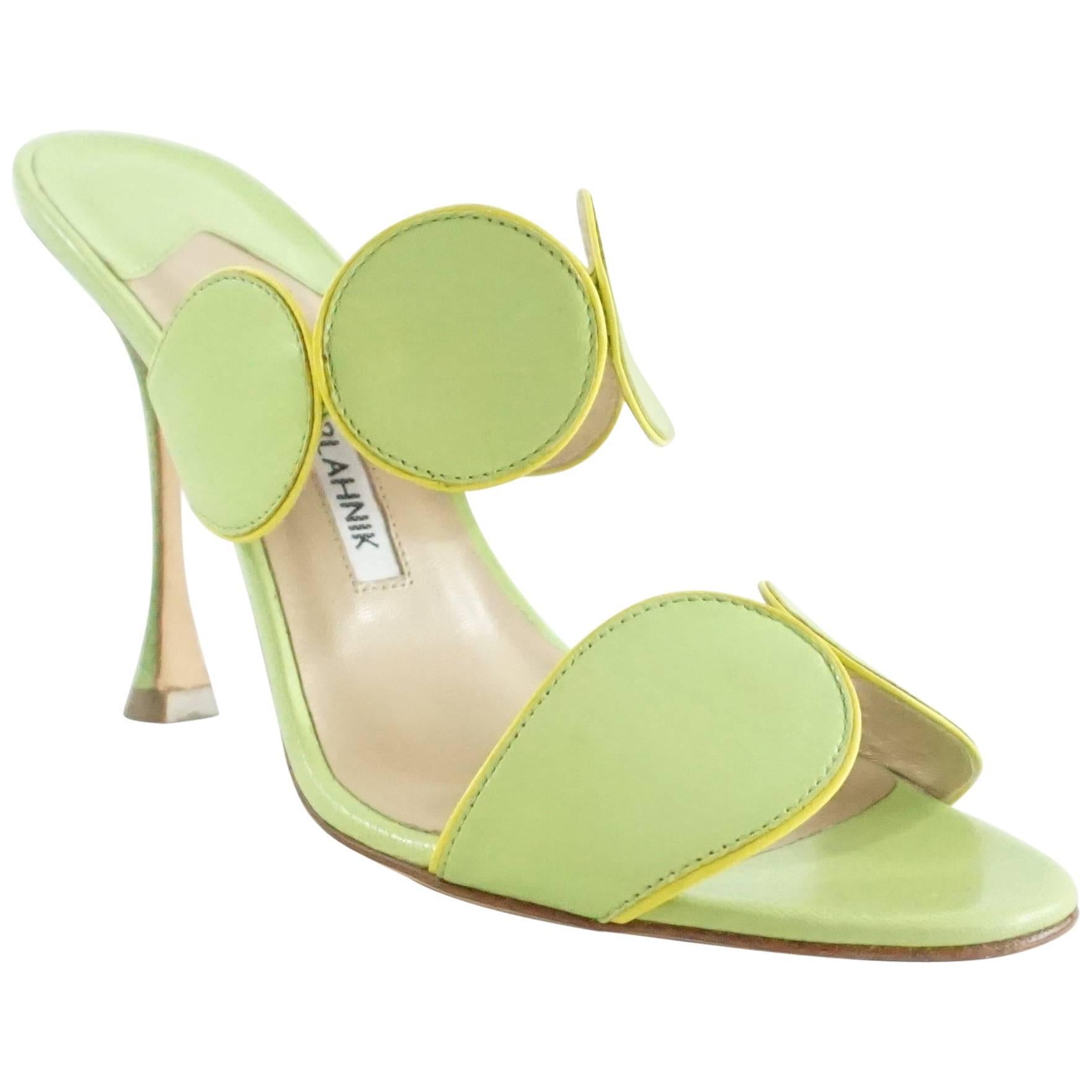Manolo Blahnik Green Leather Double Strap Sandals - 37.5