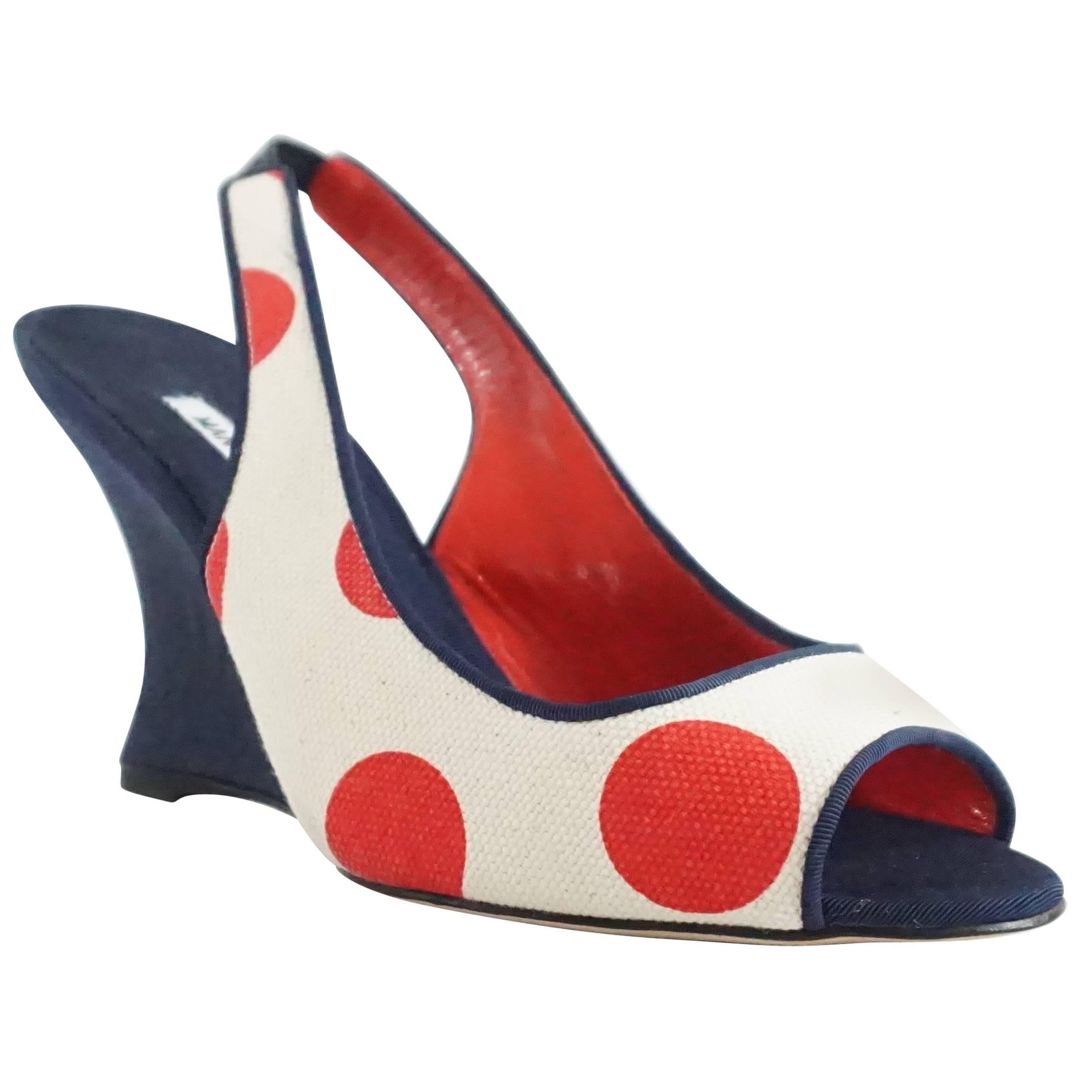 Manolo Blahnik Cream and Red Polka Dot Navy Wedges, Size 37.5