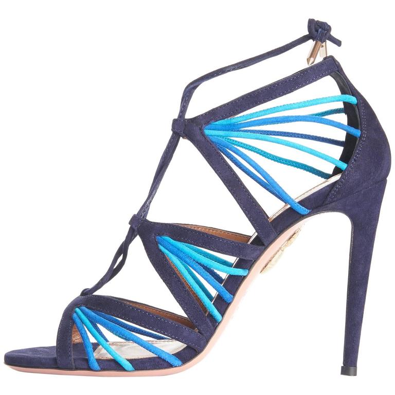 Aquazzura New Two Tone Blue Cashmere Suede Cut Out Sandals Heels in Box