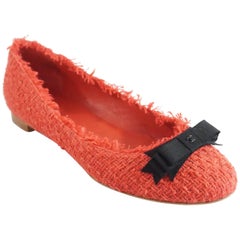 Chanel Red Tweed Flats with Black Bow and CC - 38.5