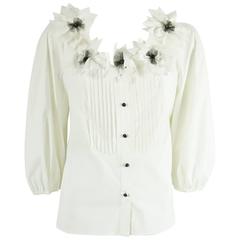 St. John Couture White Cotton with Black Detailing 3/4 Sleeve Blouse - 6 11