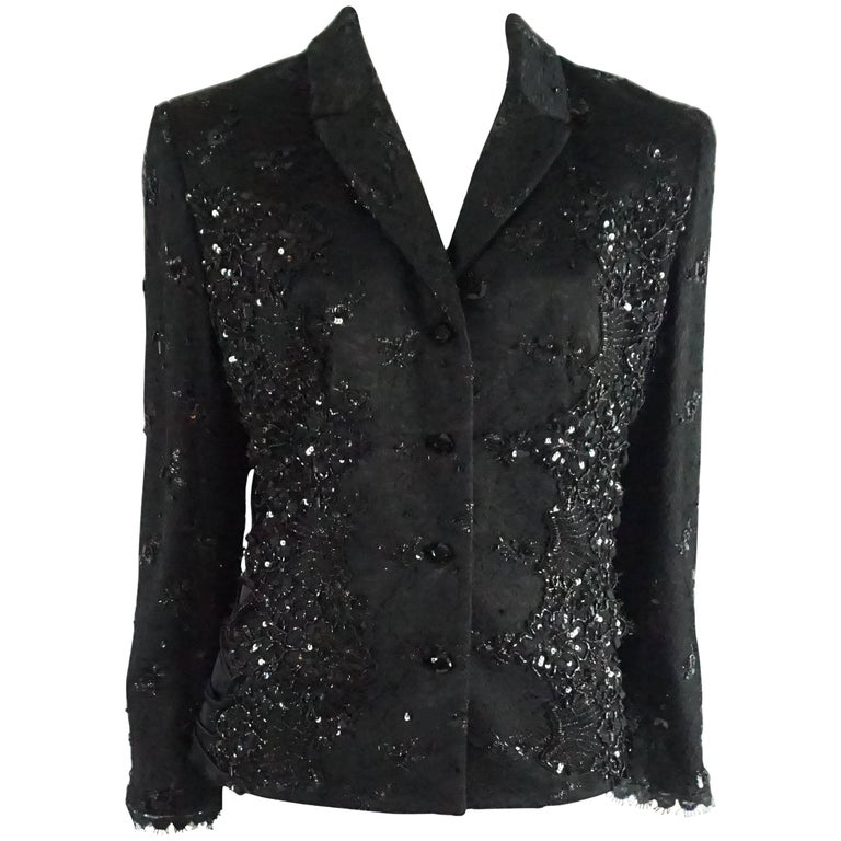 Badgley Mischka Black Lace and Rhinestone Jacket with Lace Up Sides
