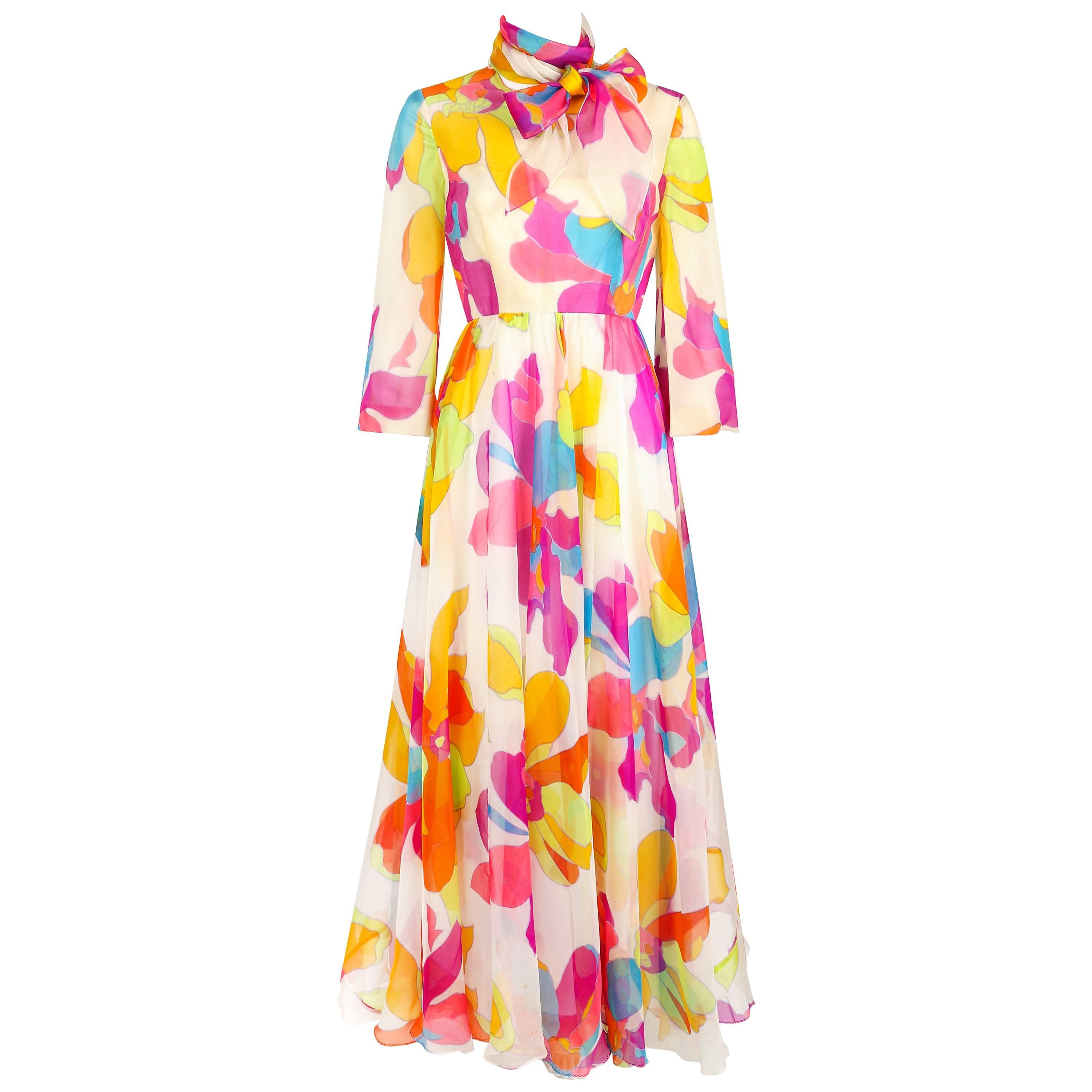 KIKI HART c.1970's White Multicolor Psychedelic Floral Print Chiffon Maxi Dress 