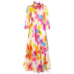 KIKI HART c.1970's White Multicolor Psychedelic Floral Print Chiffon Maxi Dress 8