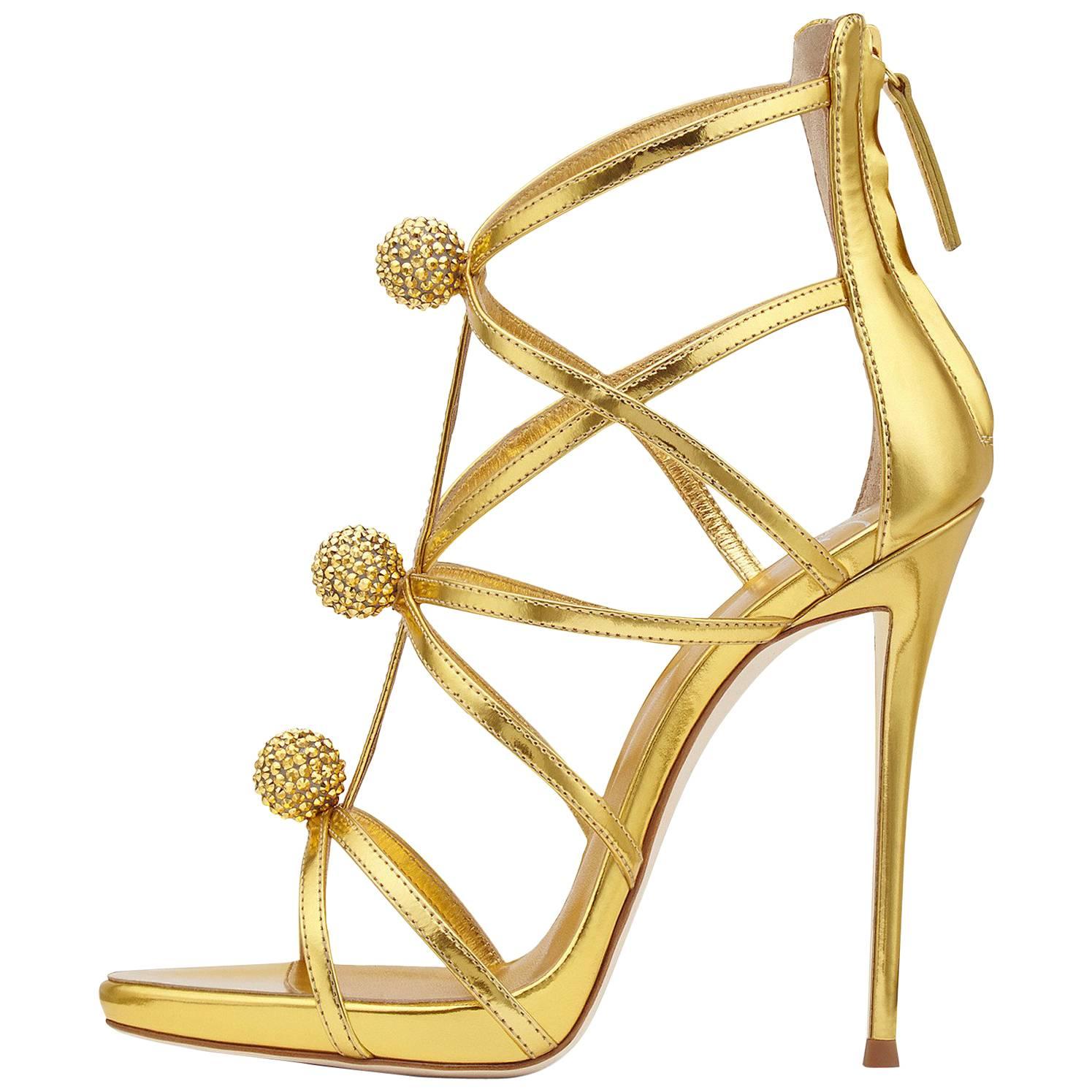 Giuseppe Zanotti New Gold Leather Crystal PomPom Heels in Box
