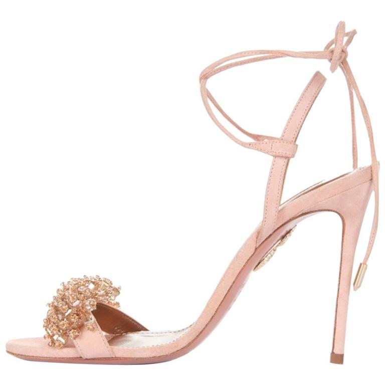 Aquazzura New Blush Pink Cashmere Suede Crystal Pom Pom Heels Sandals ...