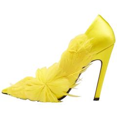 Balenciaga New Sold Out Neon Yellow Satin Ostrich Heels Pumps in Box