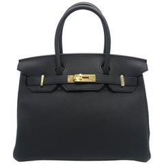 Hermes Birkin 30 Noir Black Clemence Leather GHW Top Handle Bag