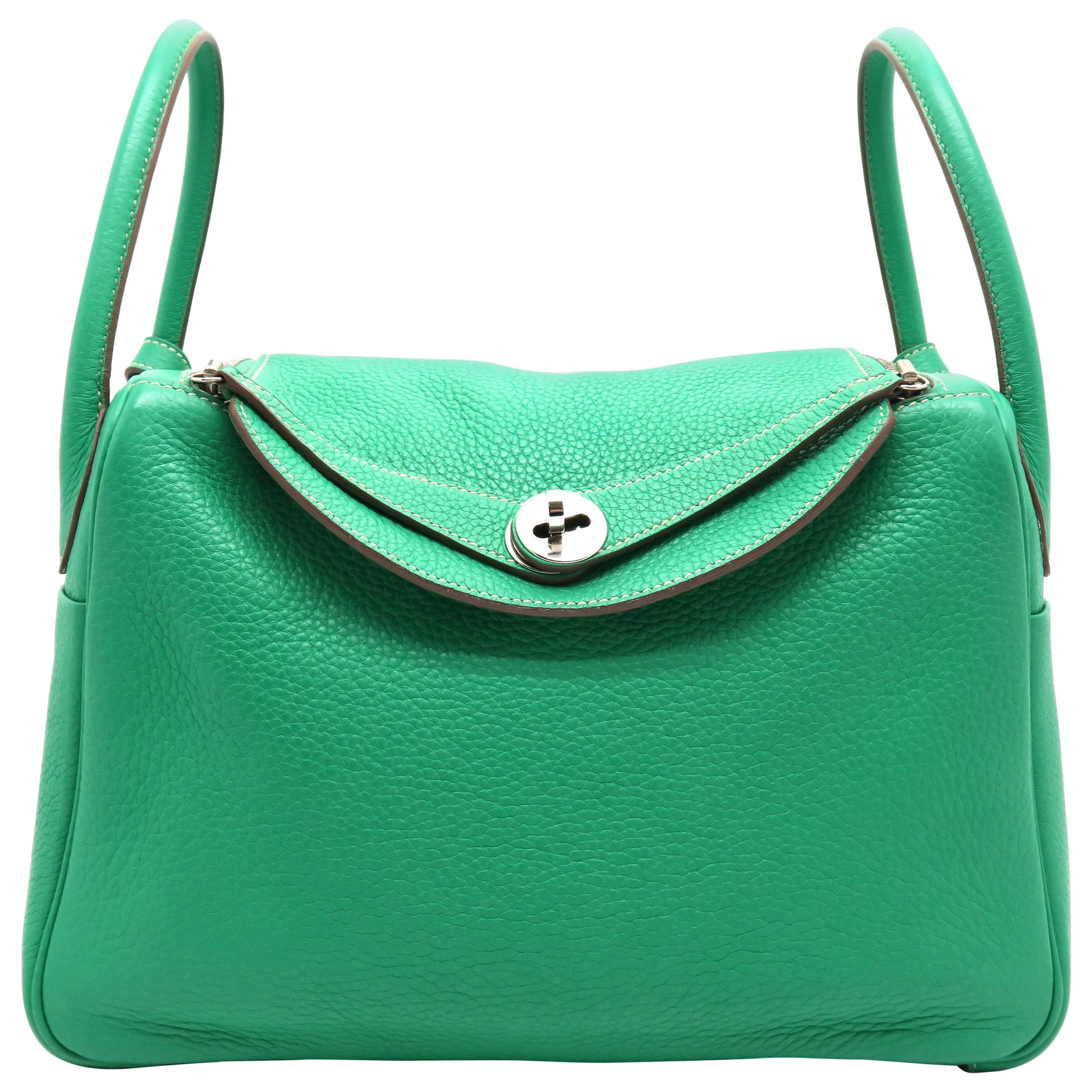 Hermes Lindy 30 Menthe Green Clemence Leather SHW Shoulder Bag