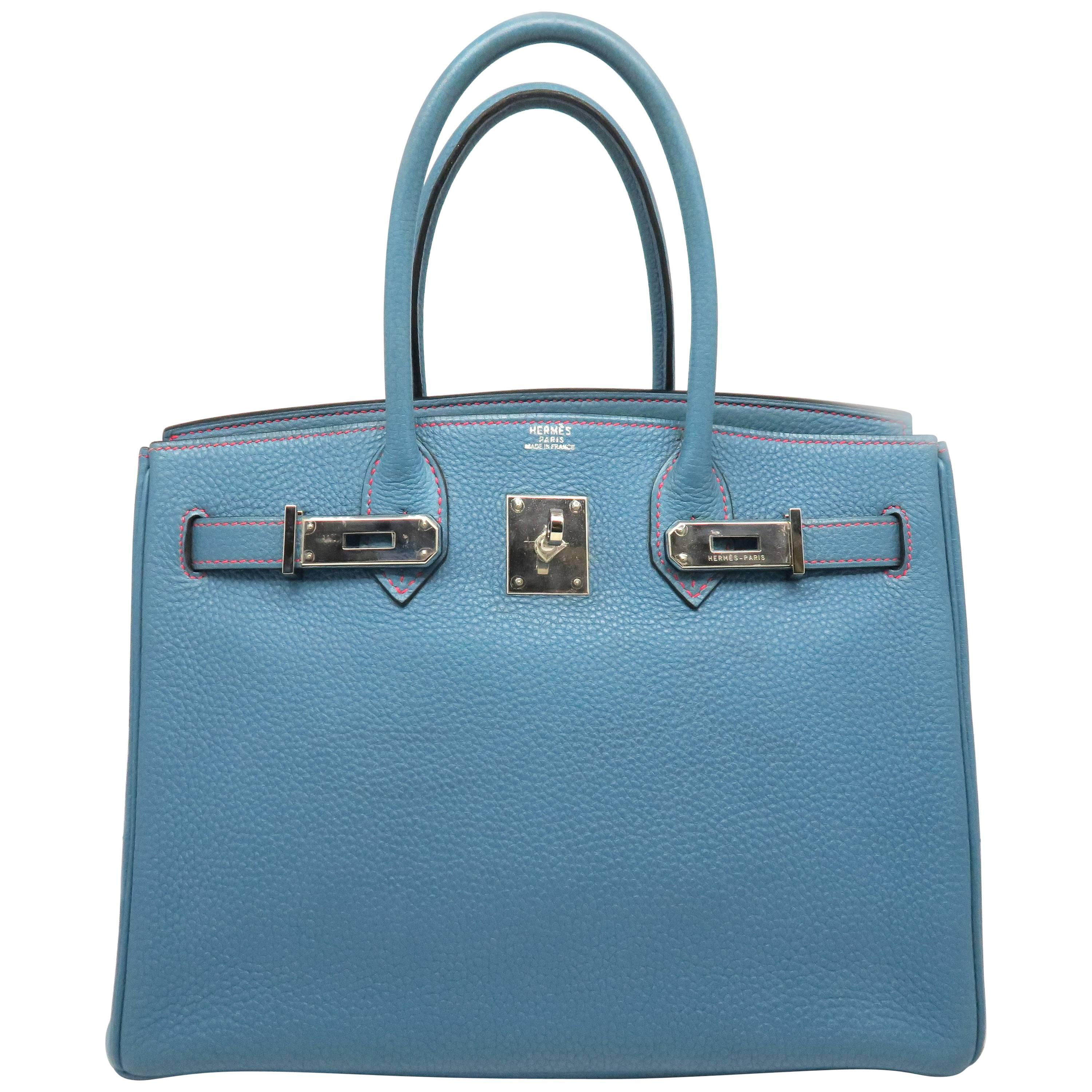 Hermes Birkin 30 Bleu Jean Blue Togo Leather SHW Top Handle Bag