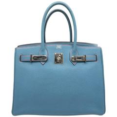 Hermes Birkin 30 Bleu Jean Blue Togo Leather SHW Top Handle Bag