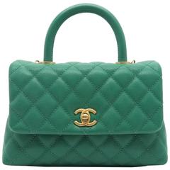 Chanel Green Quilted Caviar Leather Gold Metal Top Handle Flap Bag