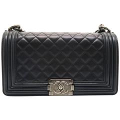 Chanel Boy Black Quilted Lambskin Leather Silver Metal Chain Shoulder Flap Bag