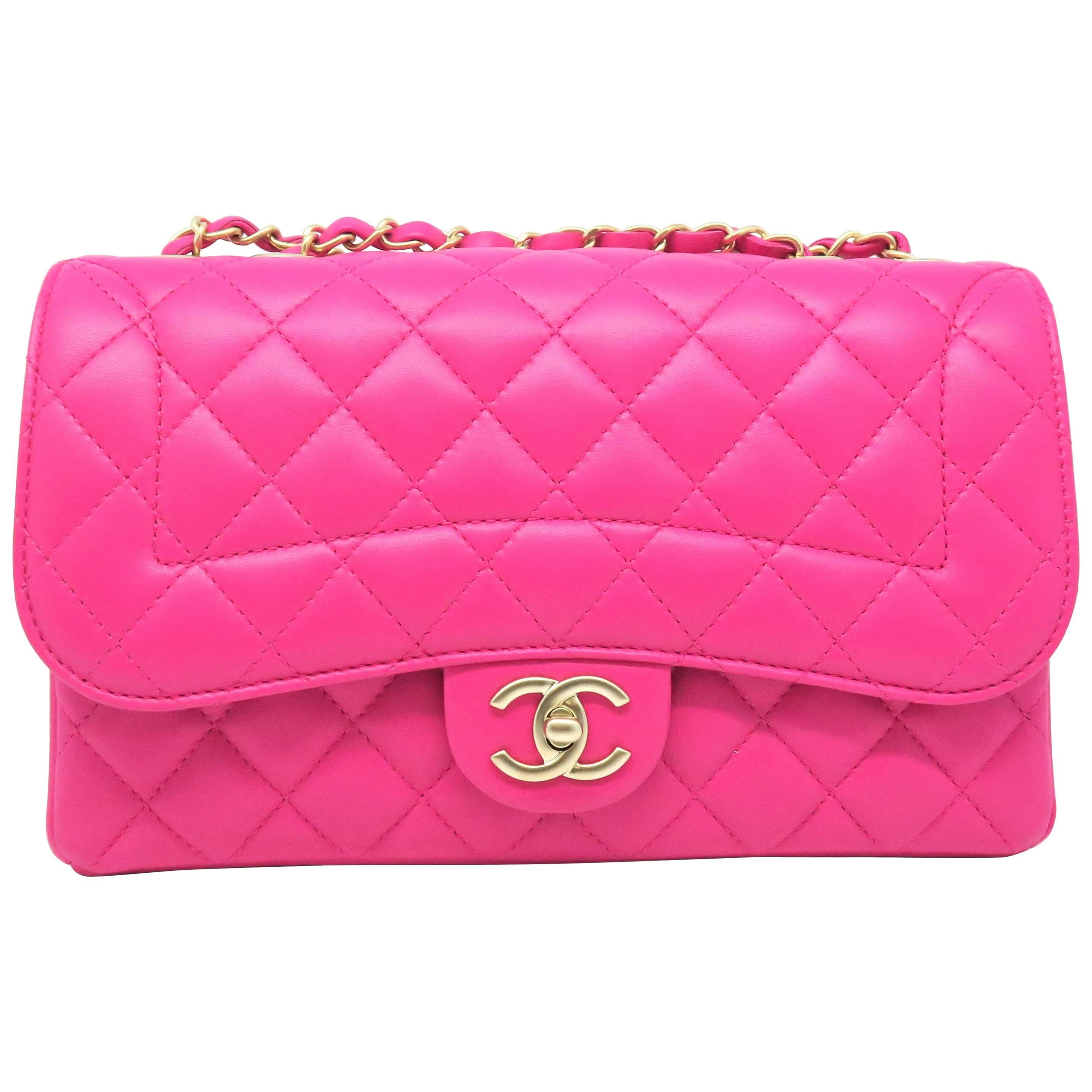 Chanel Fuchsia Quilted Lambskin Leather Gold Metal Chain Shoulder Flap Bag