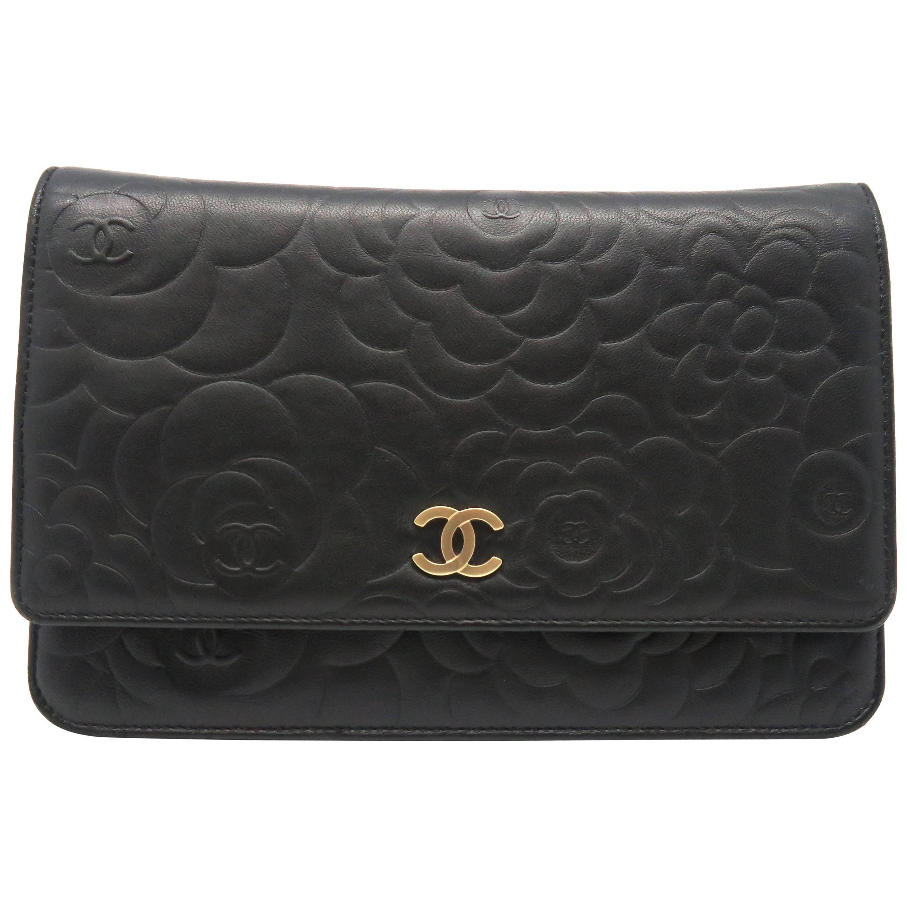 Chanel Camellia Embossed Wallet On Chain Black Lambskin Leather Flap Bag For Sale