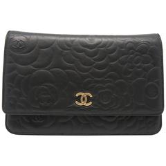 Chanel Camellia Embossed Wallet On Chain Black Lambskin Leather Flap Bag