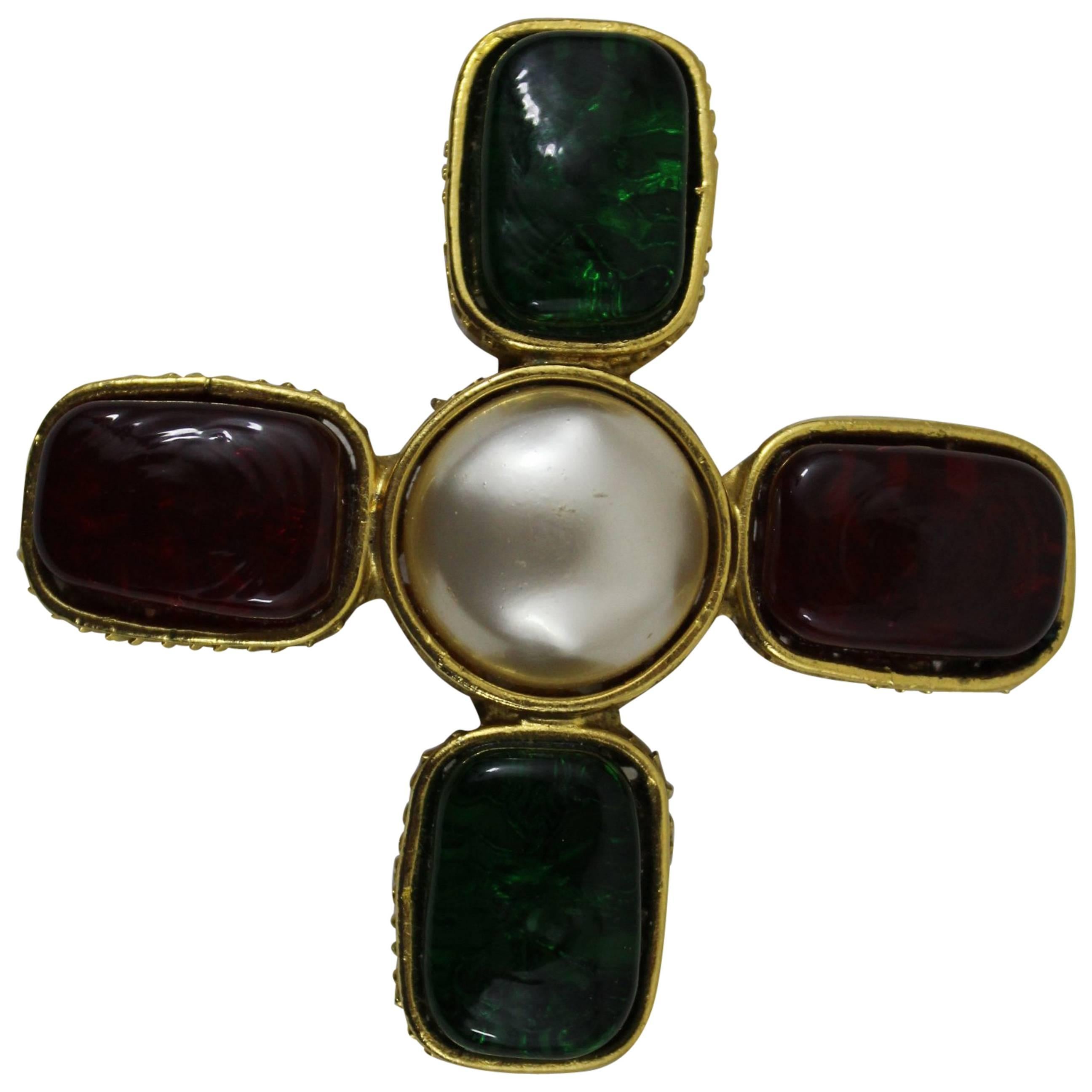 Chanel Gripoix Golden Red and Green Cross Brooch
