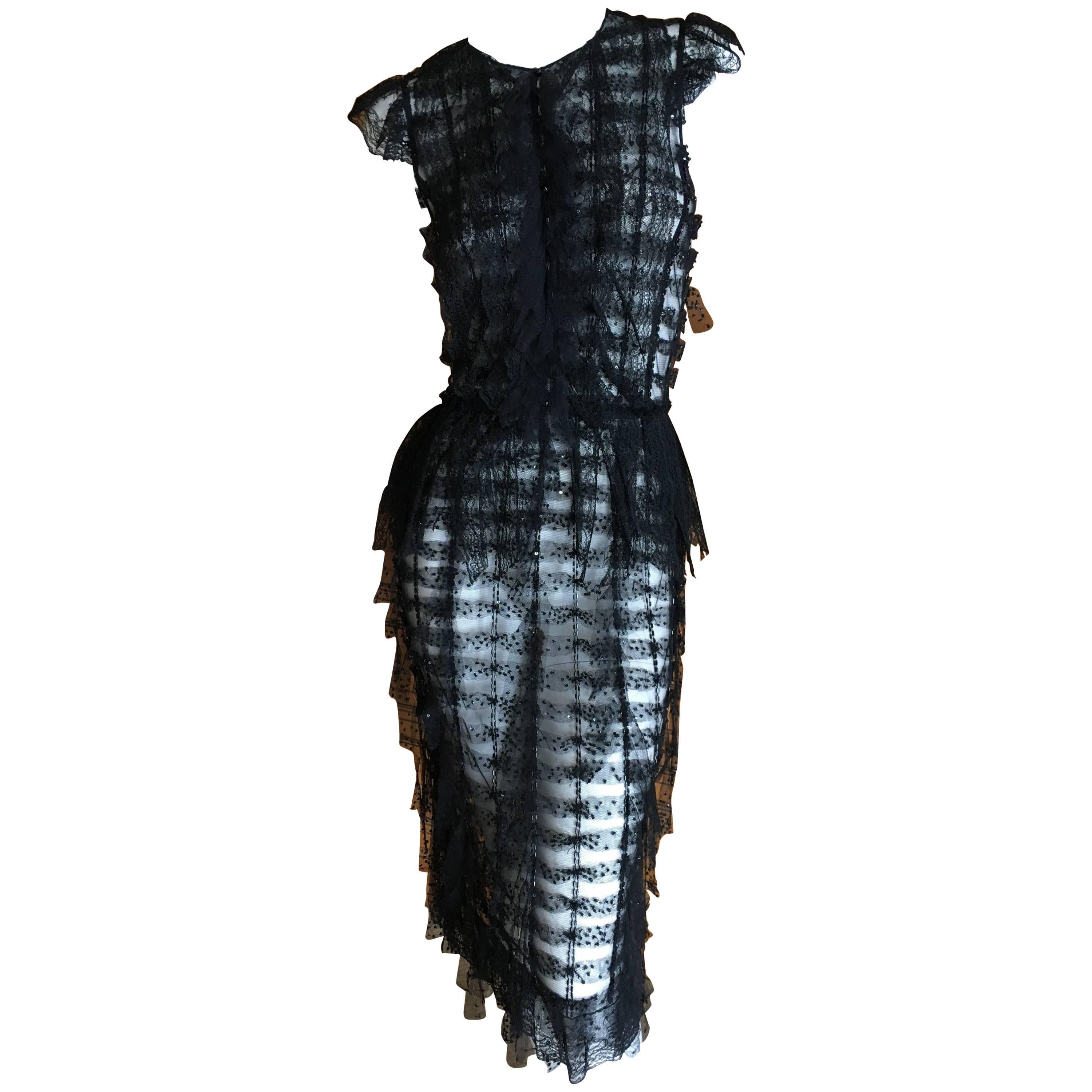 Oscar de la Renta Sheer Black Bugle Bead Embellished Cocktail Dress with Slip For Sale