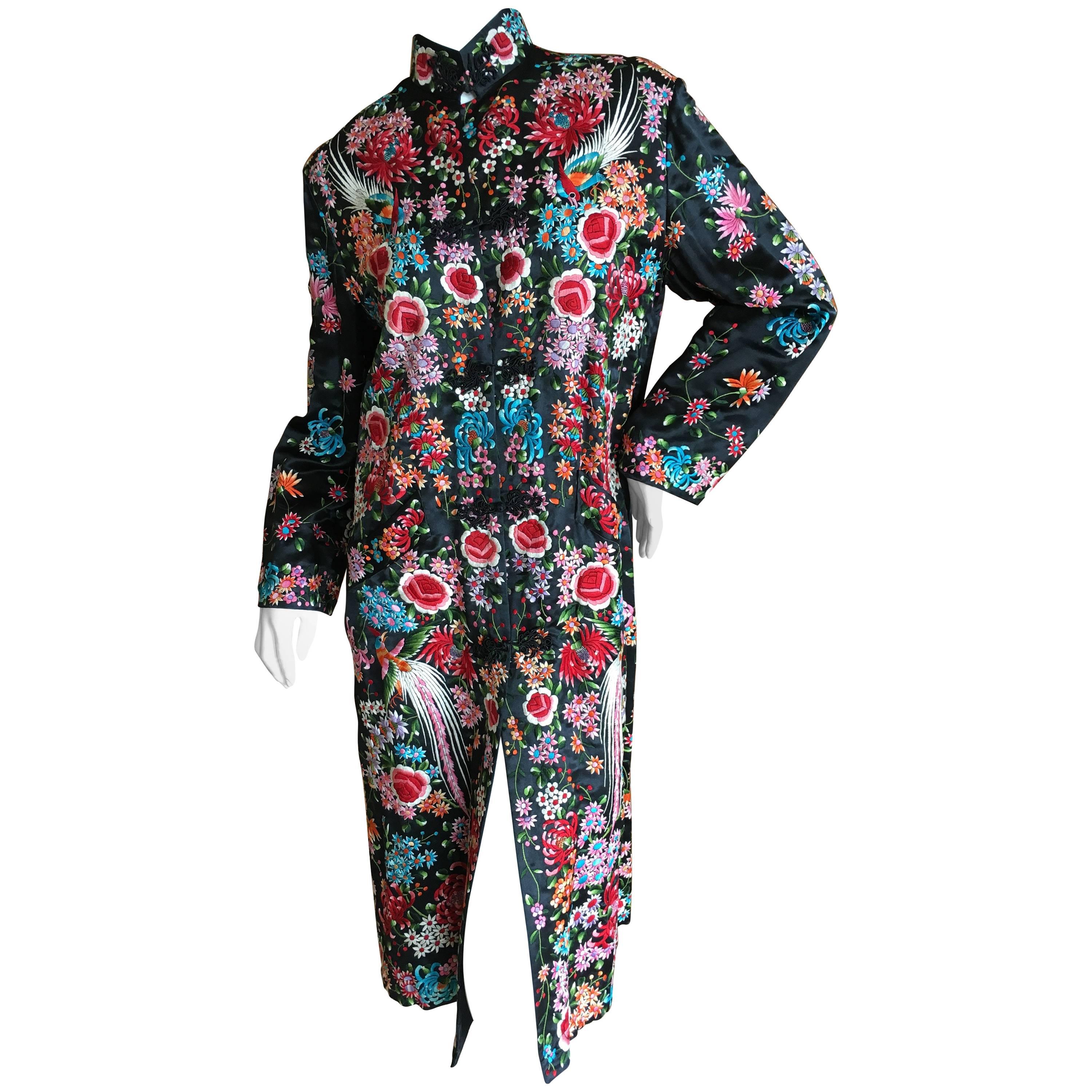 1920's Asian Exquisite Embroidered Evening Coat with Chrysanthemum and Birds For Sale