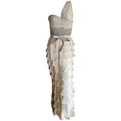 Valentino Vintage One Shoulder Ombre Plisse Silk Evening Dress with Pearl Belt