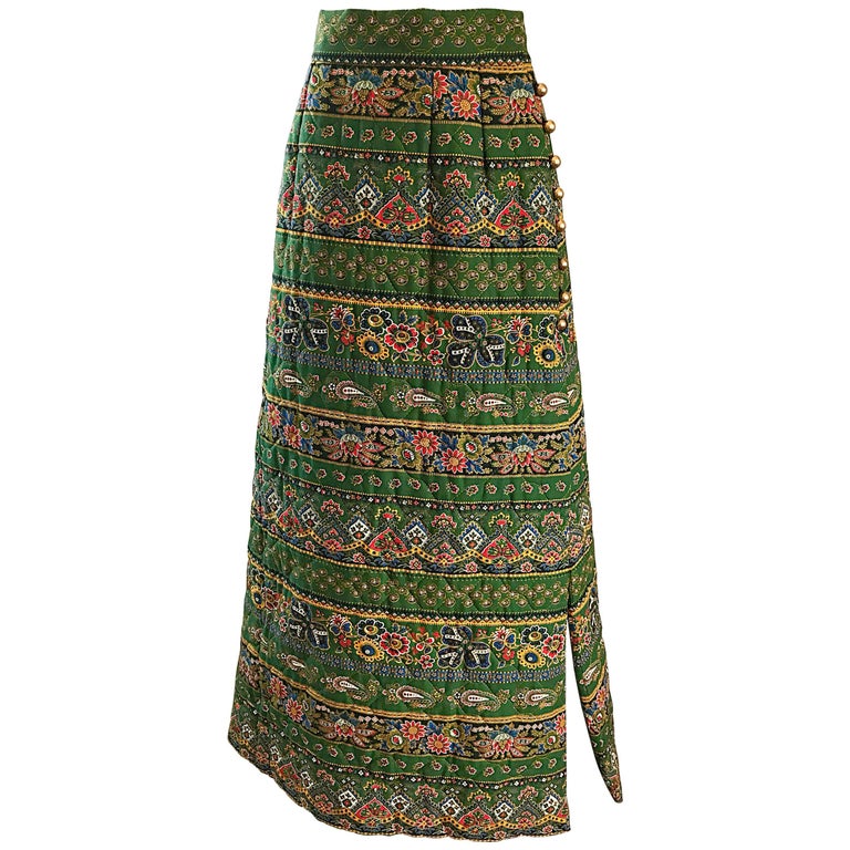 1970s Bonwit Teller Paisley Flower Print Vintage 70s Cotton Boho Maxi Skirt  For Sale