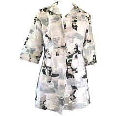 NWT 1990s JIL SANDER Black and White Abstract Print 3/4 Sleeves Semi Sheer Top