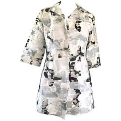 NWT 1990s JIL SANDER Black and White Abstract Print 3/4 Sleeves Semi Sheer Top 4