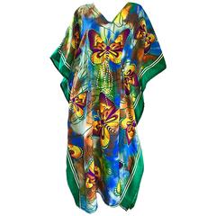 Amazing 1970s Butterfly Print Bright Colored Belted Vintage 70s Caftan Dress 
