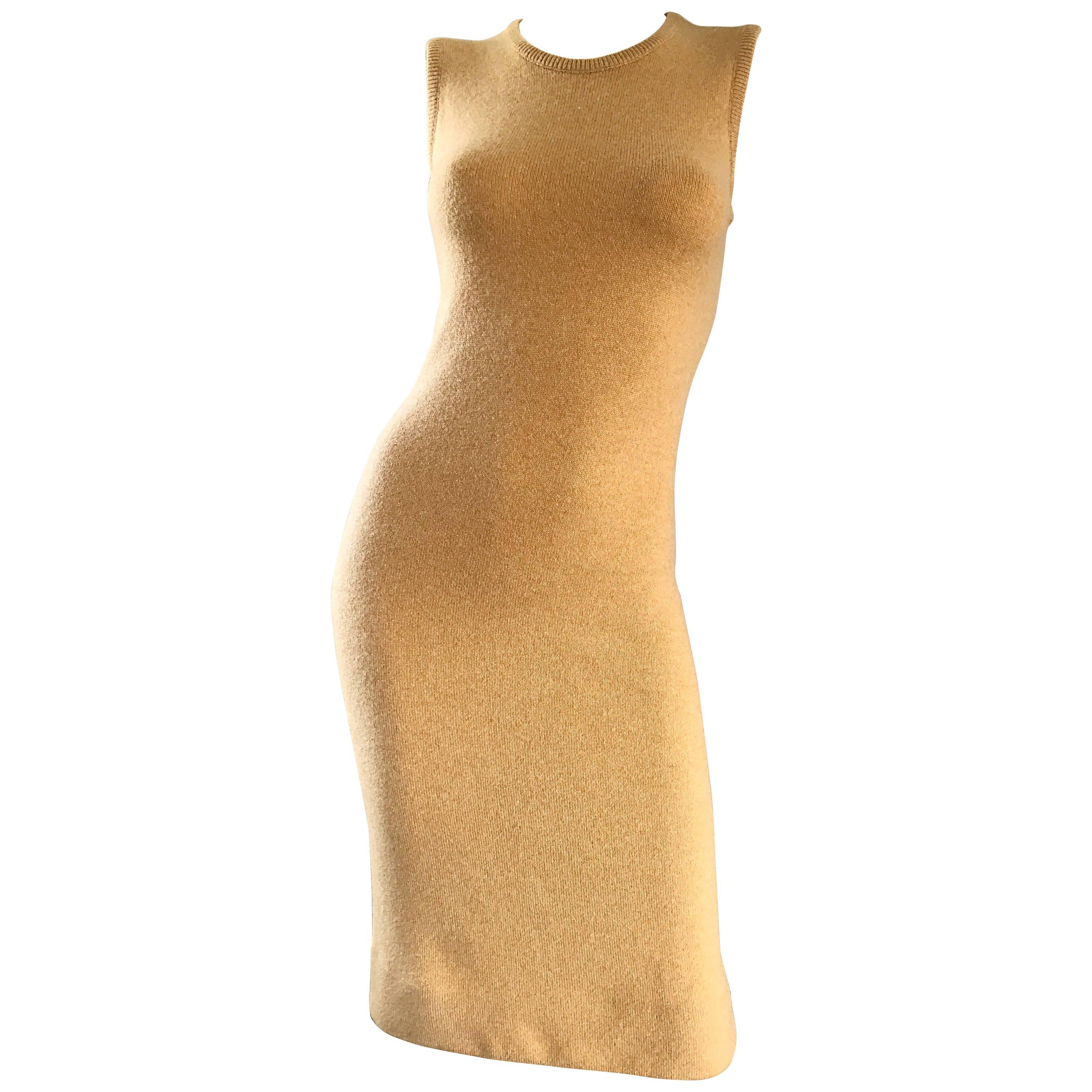 Vintage Halston Cashmere Camel Tan 1970s Sleeveless 70s Sweater Dress