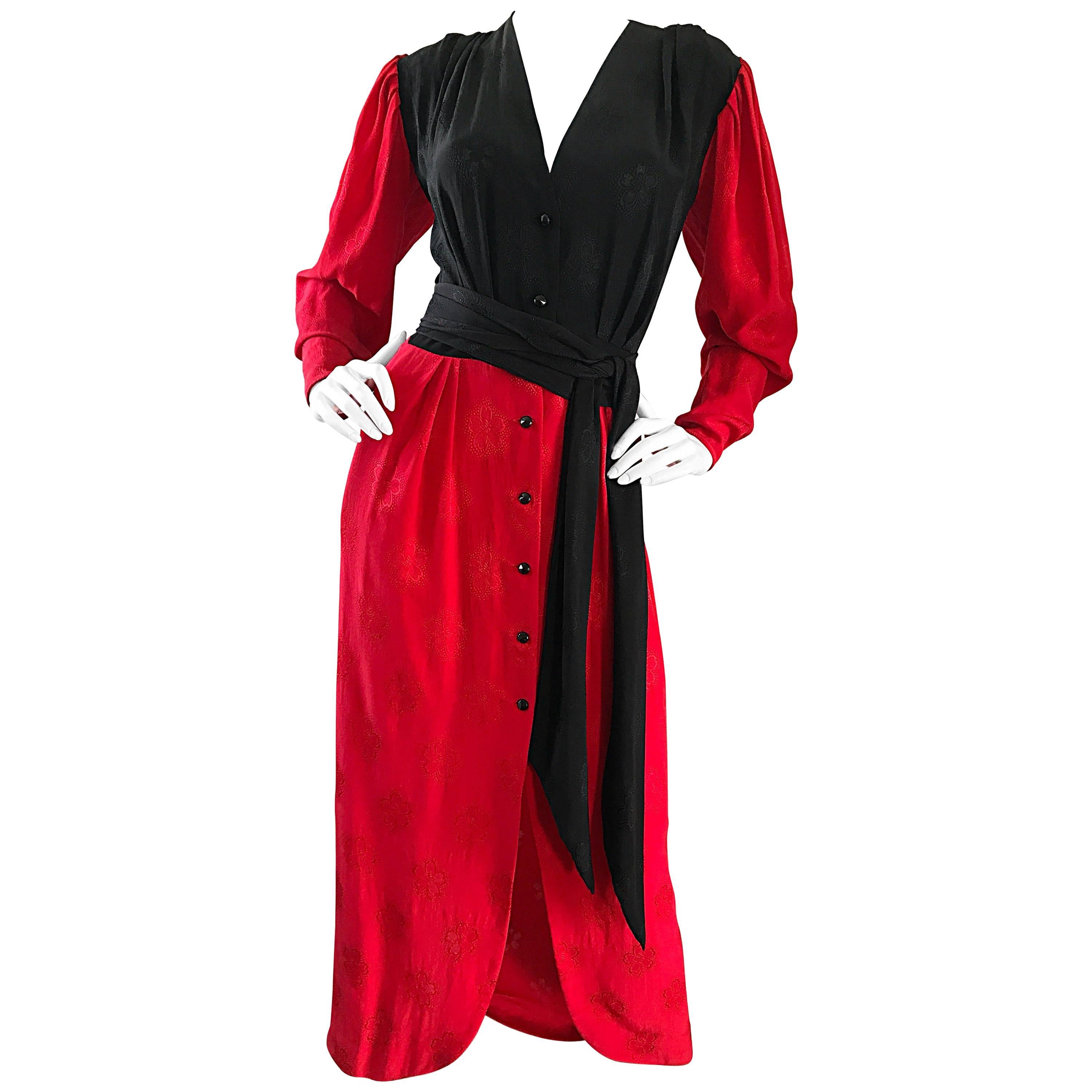 Emanuel Ungaro Vintage Red + Black Color Block 1990s Long Sleeve 90s Silk Dress