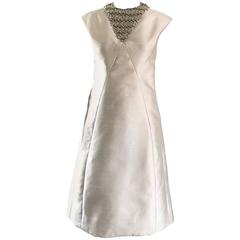 Chic 1960s Bonwit Teller Demi Couture Ivory Silk Shantung Beaded A Line Dress