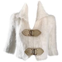 Chic Zac Posen Ivory + Snakeskin Angora 3/4 Sleeves Cropped Sweater Jumper 11