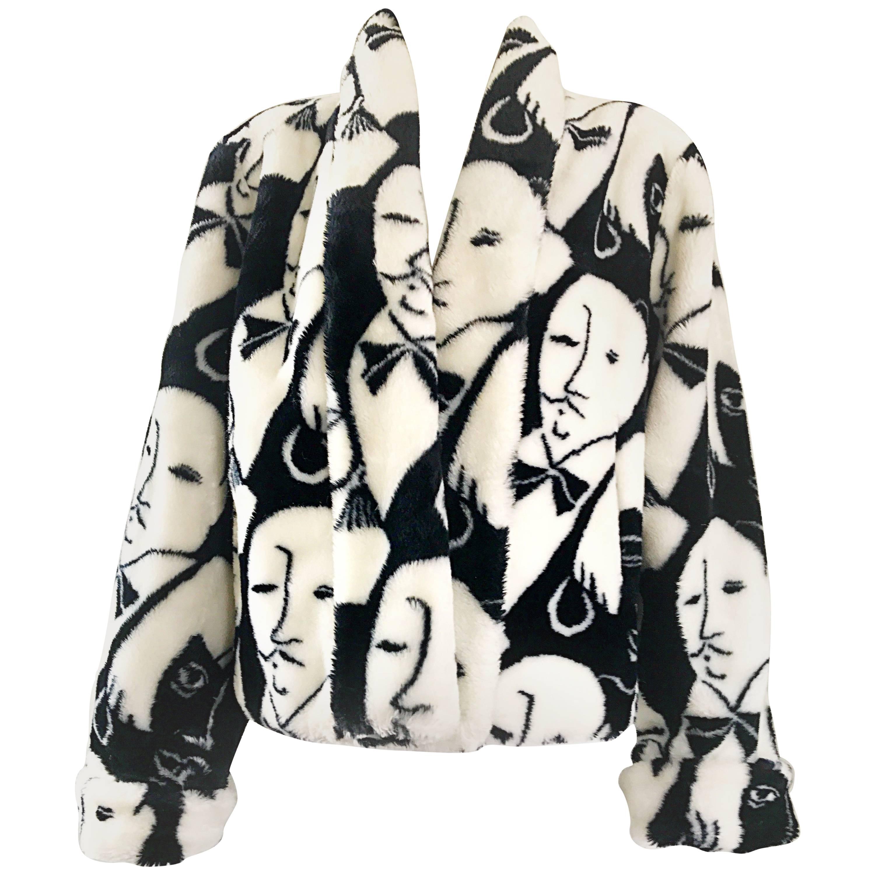Rihanna's Vintage Picasso Esque Black and White Faux Fur Lush Face Jacket Coat  