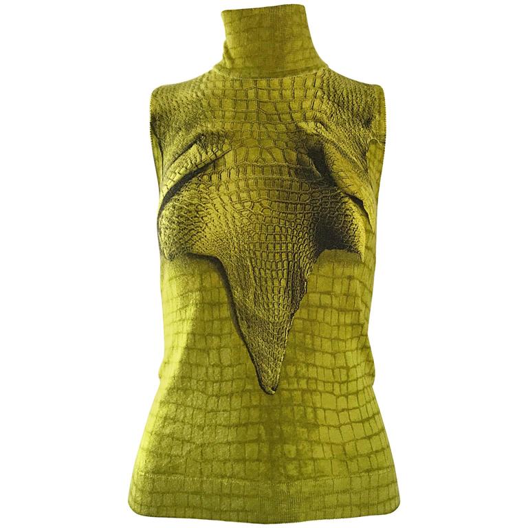 1990s John Galliano Chartreuse Green Cashmere Trompe L&rsquo;Oeil Turtleneck