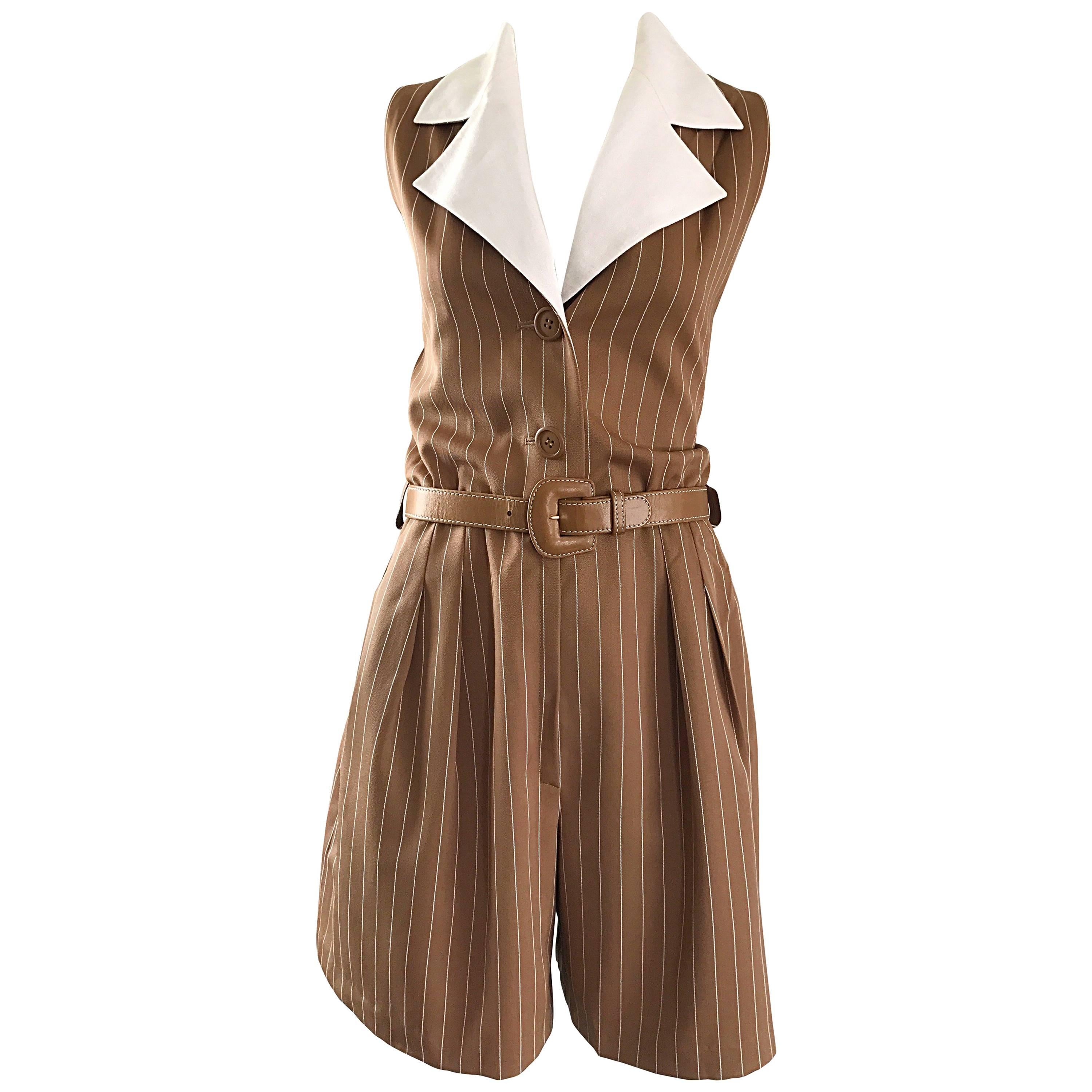 Rare Vintage Givenchy Couture Brown and White Pinstripe 1990s Romper Jumpsuit 