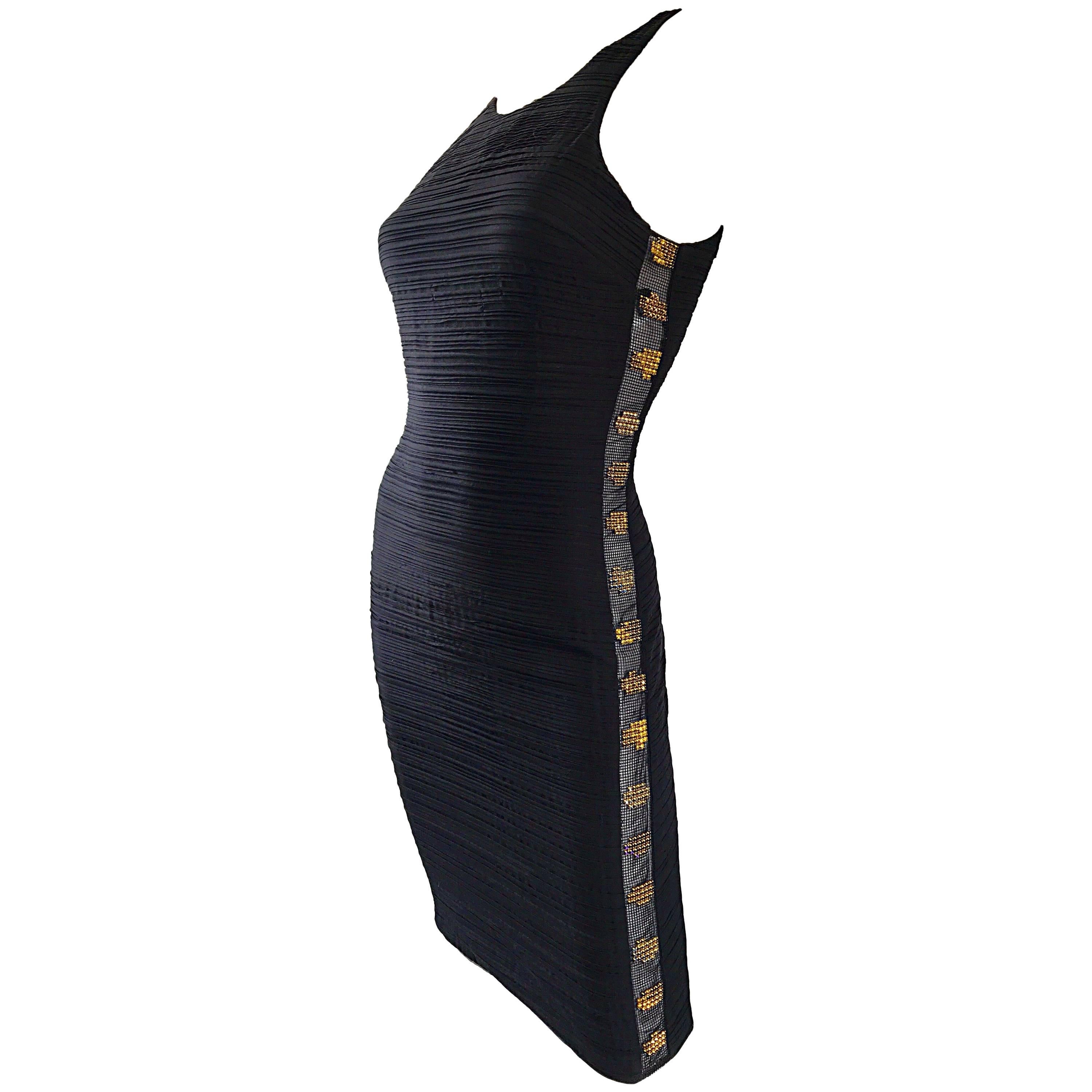 Intestines world please note 1990s Gianni Versace Black Silk Side Cut Out Rhinestone Bodycon Vintage  Dress For Sale at 1stDibs