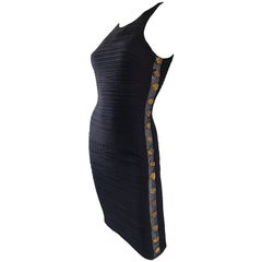 1990s Gianni Versace Black Silk Side Cut Out Rhinestone Bodycon Vintage Dress 