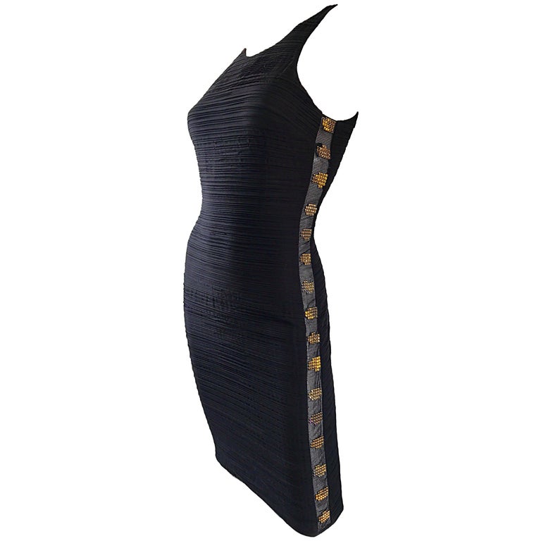 1990s Gianni Versace Black Silk Side Cut Out Rhinestone Bodycon Vintage