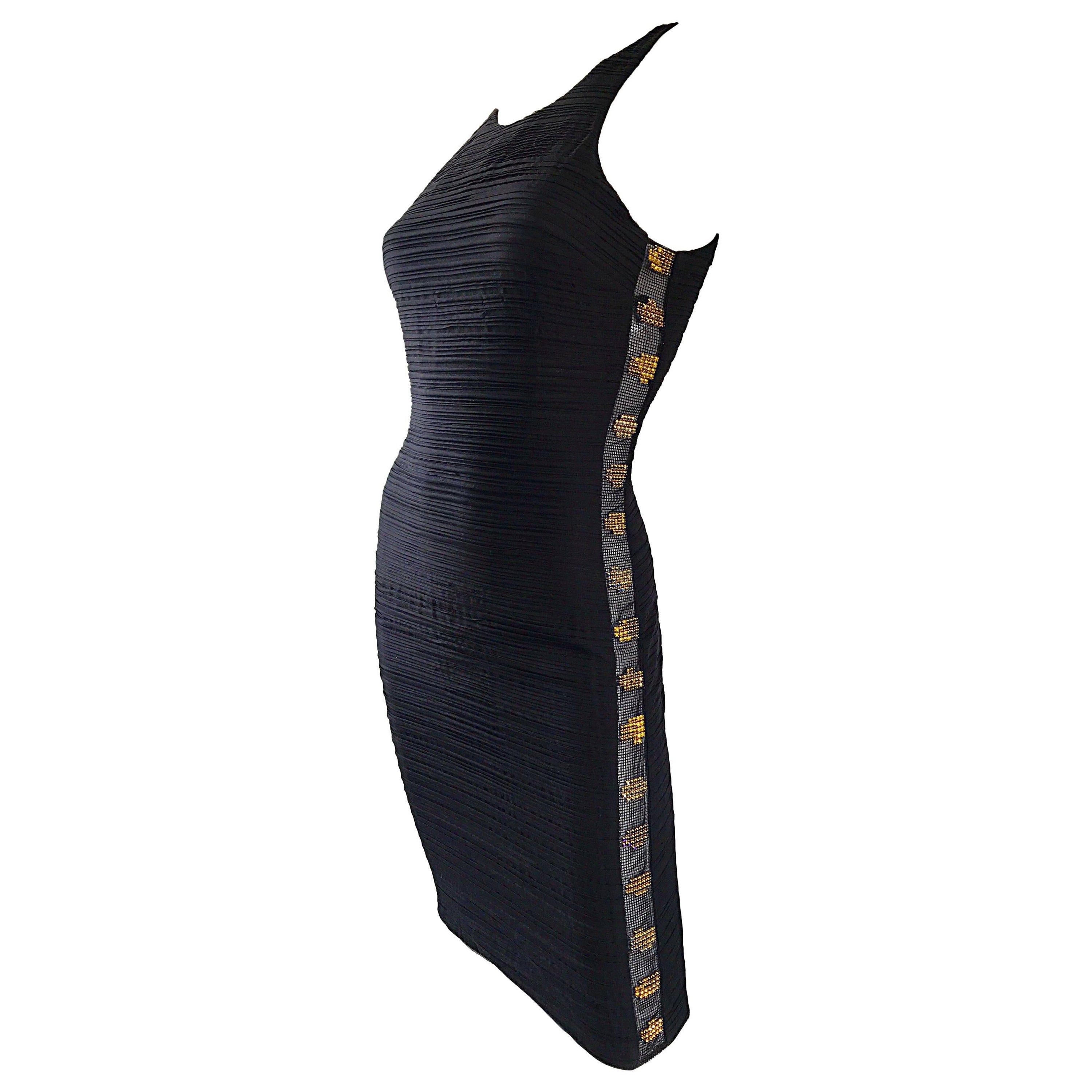 2000s Gianni Versace Black Silk Side Cut Out Rhinestone Bodycon Vintage Dress  For Sale