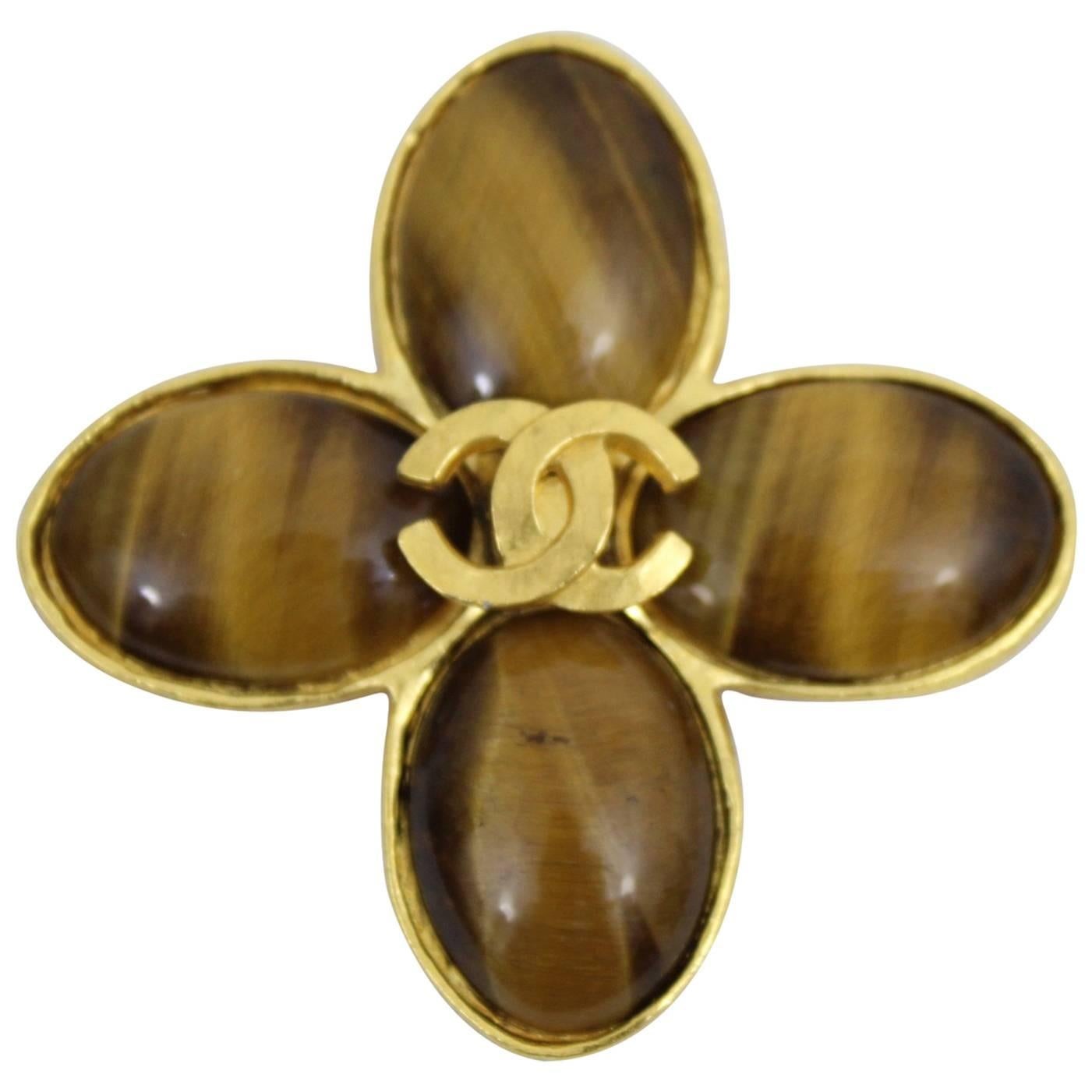 Chanel Vintage gold plated and glass style Amber Brooch.