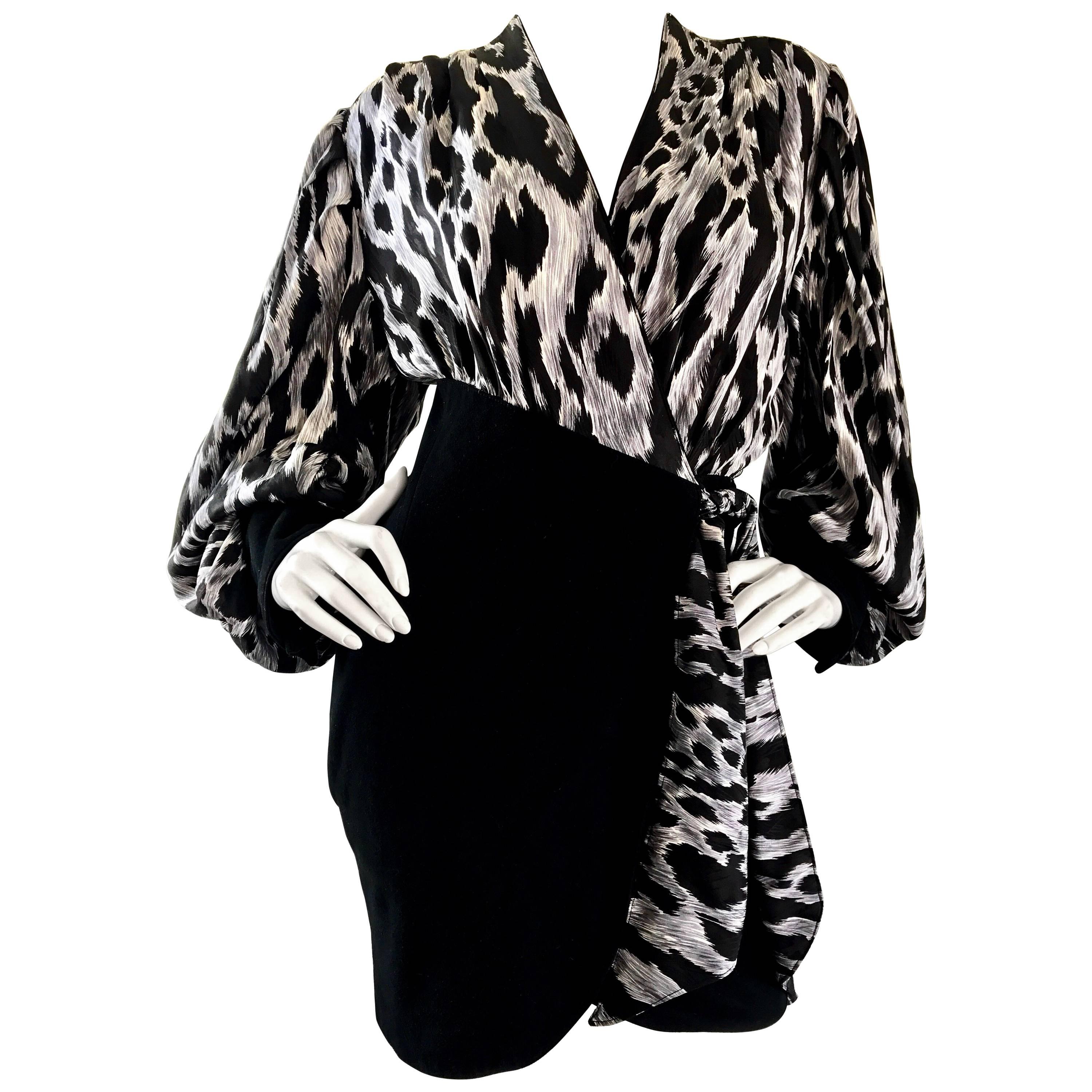 90s Jean Claude Jitrois Black and White Leopard Print Leather + Silk Mini Dress