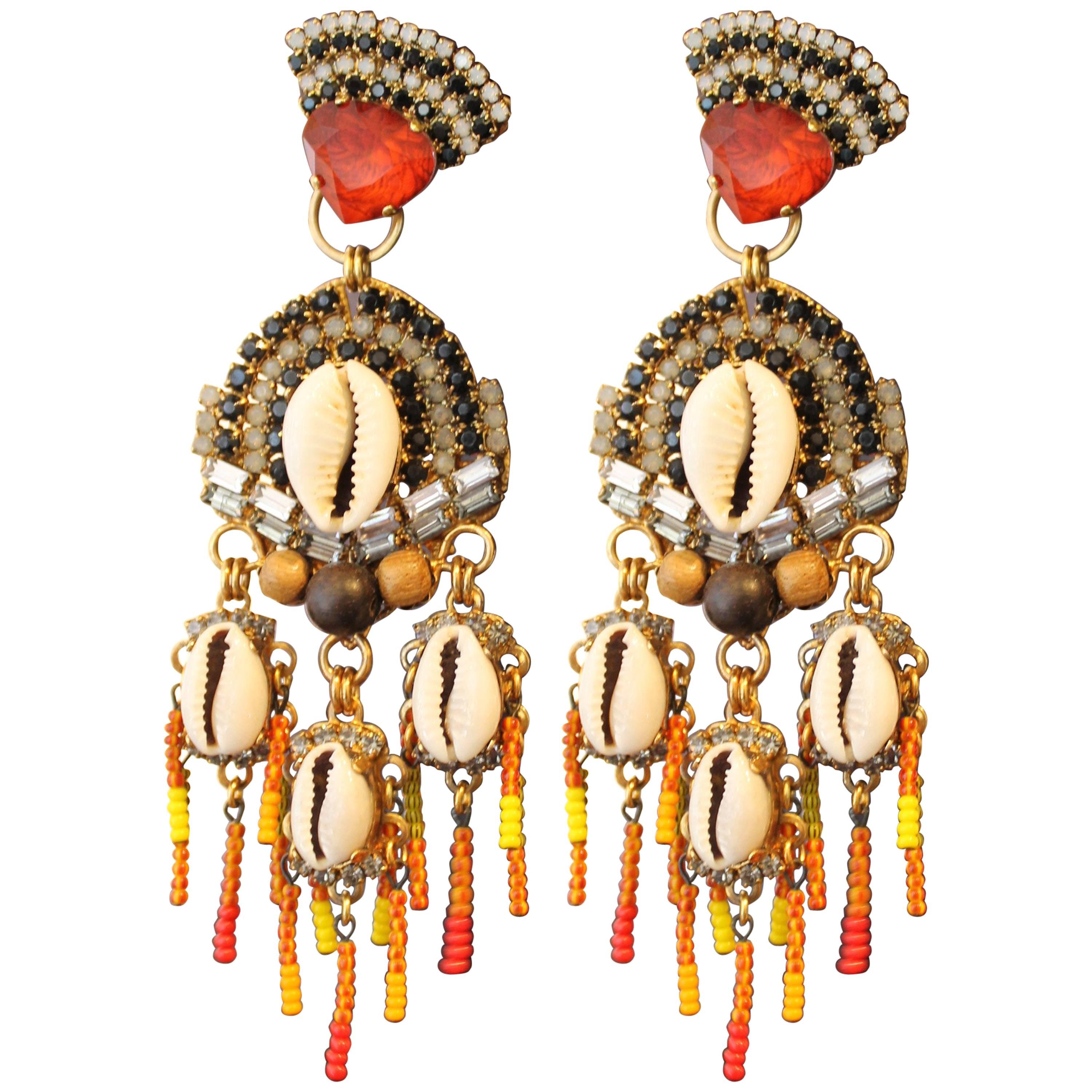 Oversized Crystal, Shell and Bead Modern Drop Earrings For Sale