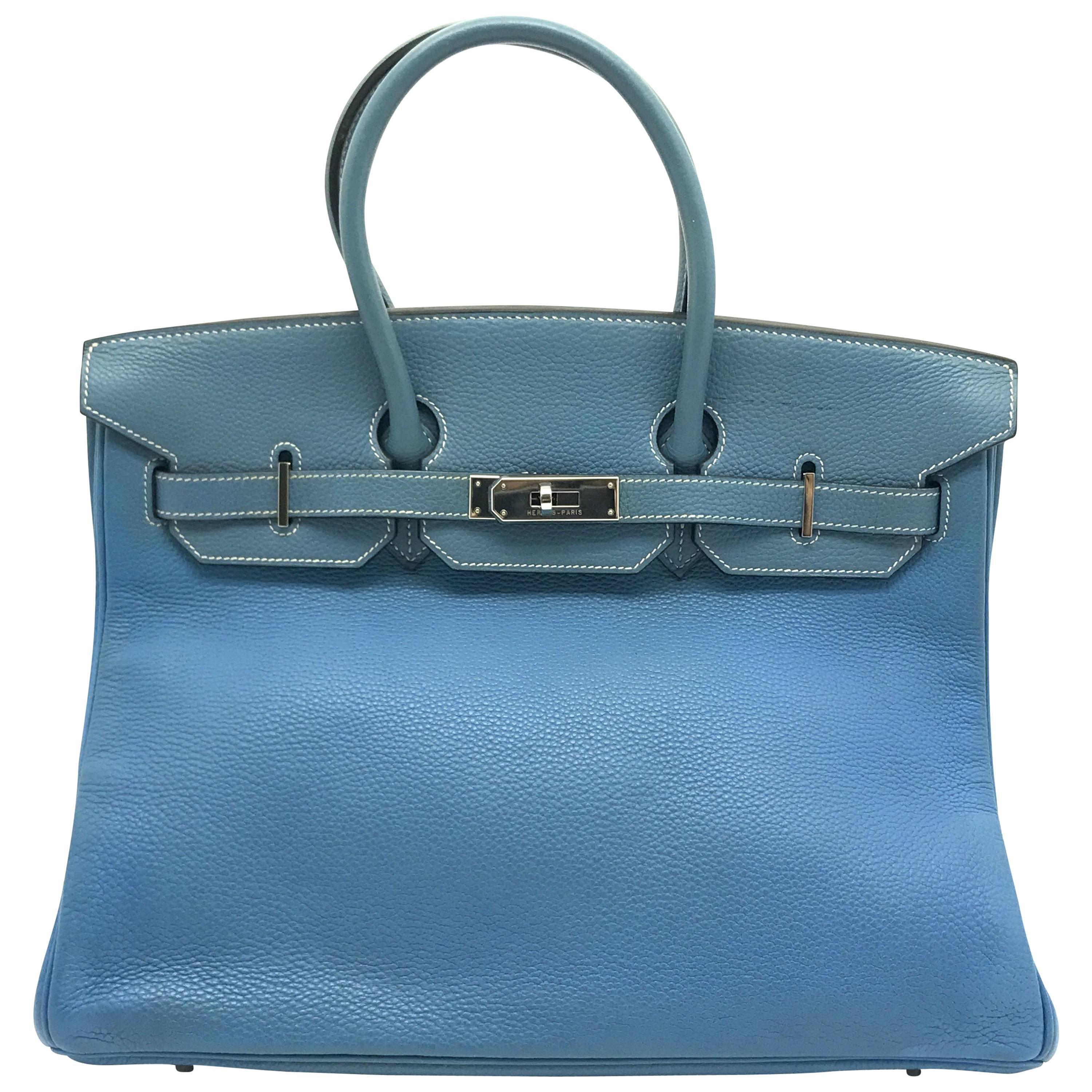 Hermes Birkin 35 Bleu Jean Blue Togo Leather Silver Metal Top Handle Bag For Sale