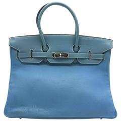 Hermes Birkin 35 Bleu Jean Blue Togo Leather Silver Metal Top Handle Bag